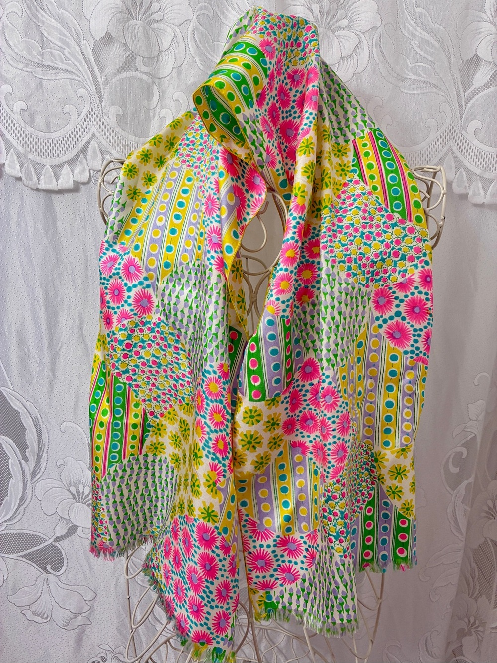 Vintage 60’s- 70’s Doro silk Floral geometric patches Multicolor Scarf  fringe